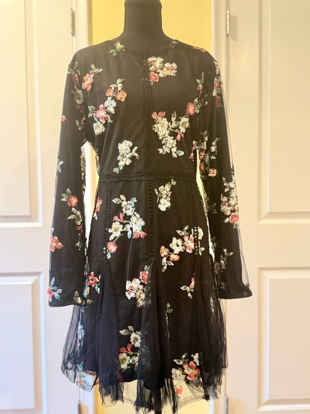 Black Sequin Floral Mesh Dress